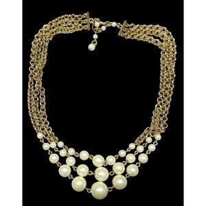 Vintage Glam Avon Cream And Gold Tone Fuax Pearl Layered Chain Necklace